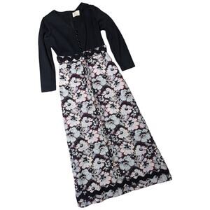 Vtg 1960s Plu Black Knit Pastel Floral Tapestry Long Sleeve Belted Maxi Dress 10